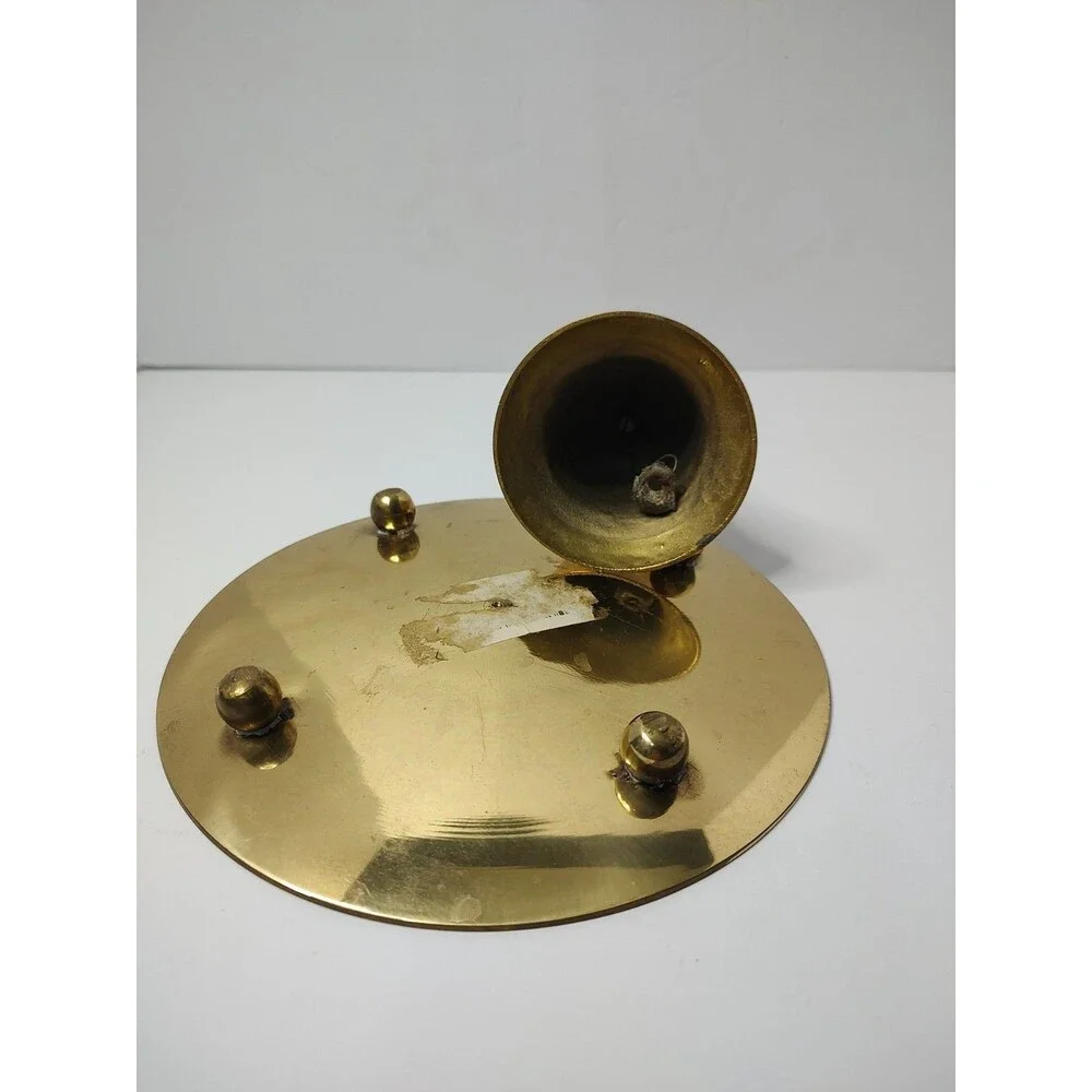 2pc Vintage Brass Hand Bell & Small Round Tray Set MCM Office Decor Dinner Bell